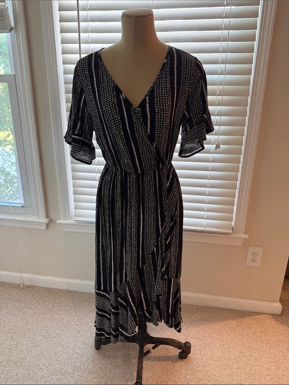 Kori Black and White Striped Faux-Wrap Midi Dress